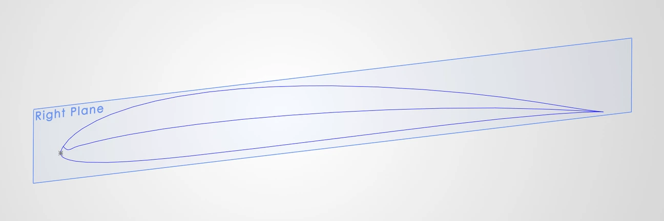 The SD7037 section drawn as curves on SolidWorks’ Right plane, leading edge on the part origin, with the camber line running inside the outline.