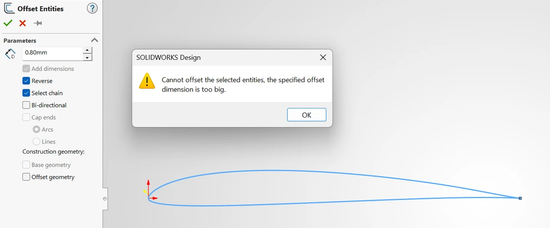SolidWorks’ Offset Entities panel set to 0.80 mm, beside a dialog reading: Cannot offset the selected entities, the specified offset dimension is too big.